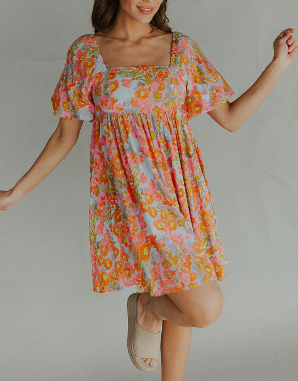 High Waist Square Neck Puff Sleeve Floral Dress