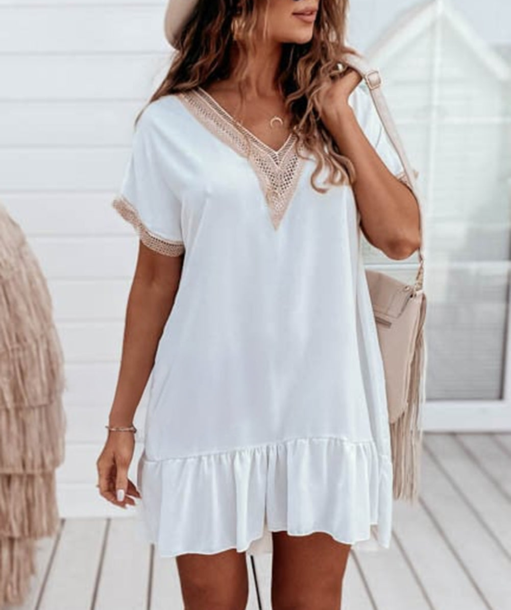 Lace Trim Short Sleeve Ruffled Mini Dress