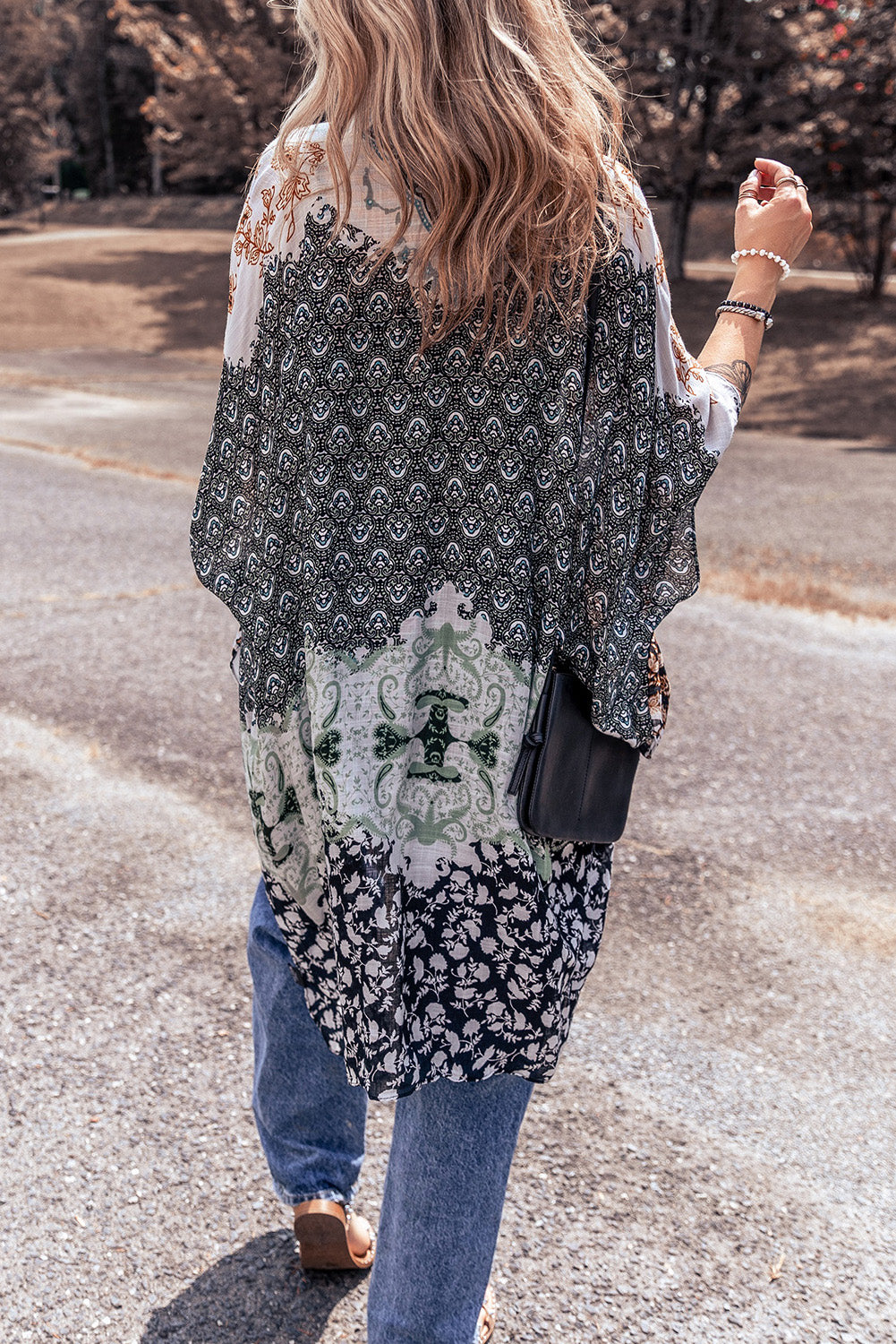 Floral Print Irregular Hem Flowy Kimono