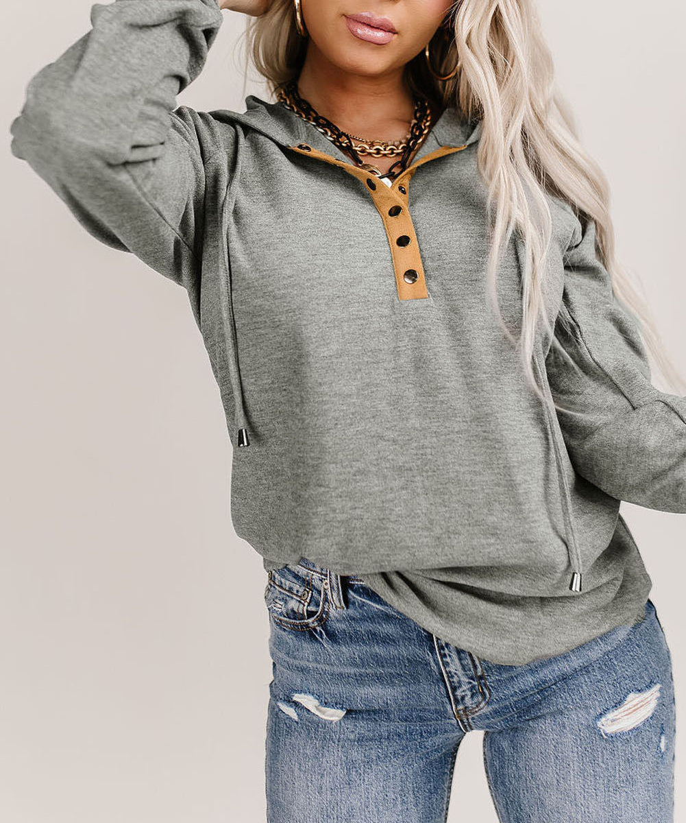 Quarter Buttoned Drawstring Pullover Hoodie