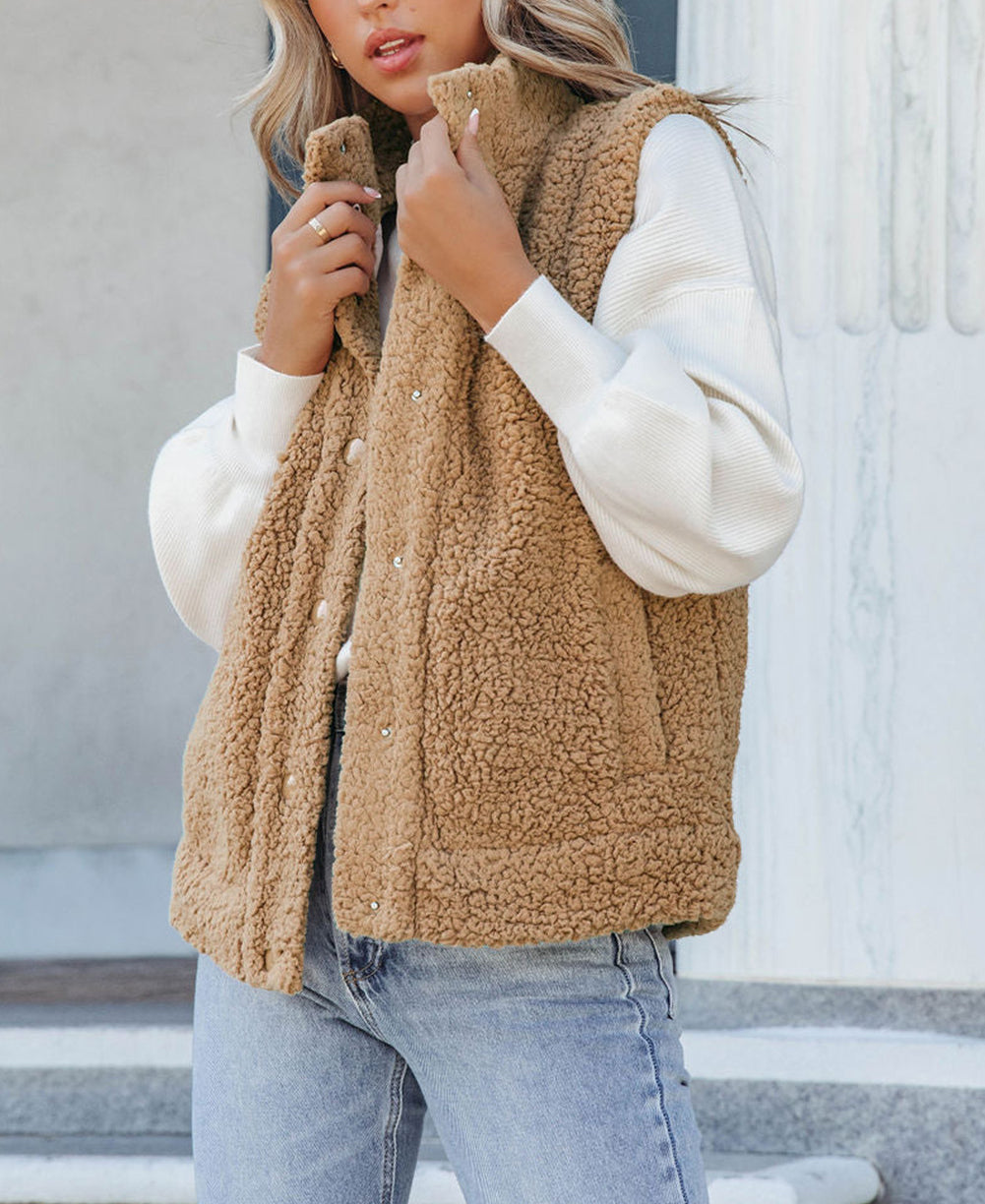 Snap Button Pocketed Sherpa Vest Jacket