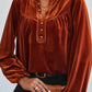 Lantern Sleeve Beaded Split V Neck Velvet Top