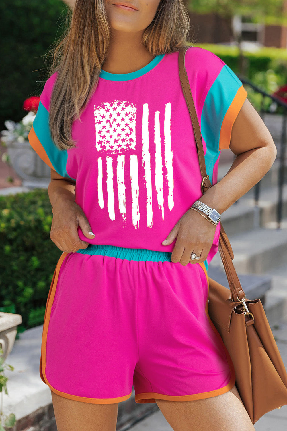 Color Block USA Flag Print Loose Fit Two Piece Shorts Set