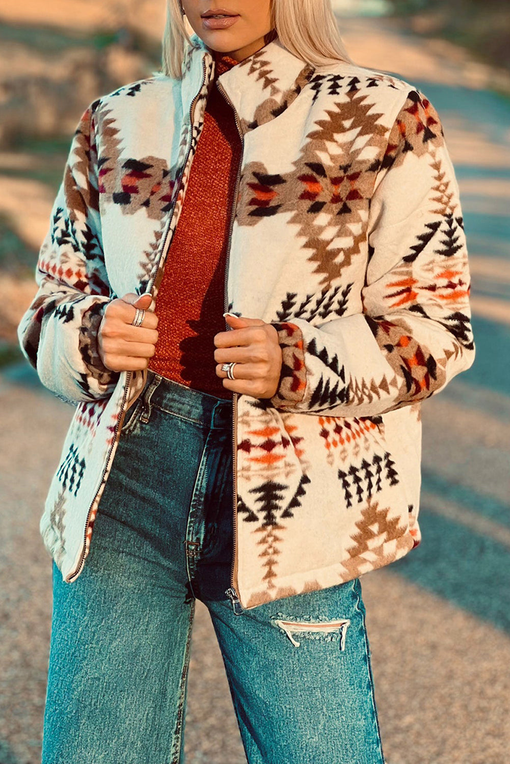 Aztec Printed Stand Neck Zip Up Jacket