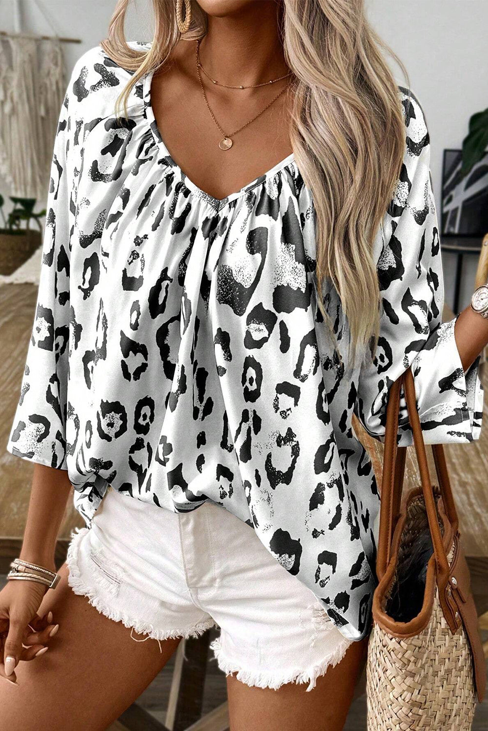 Leopard Print Ruched V Neck 3/4 Sleeve Blouse