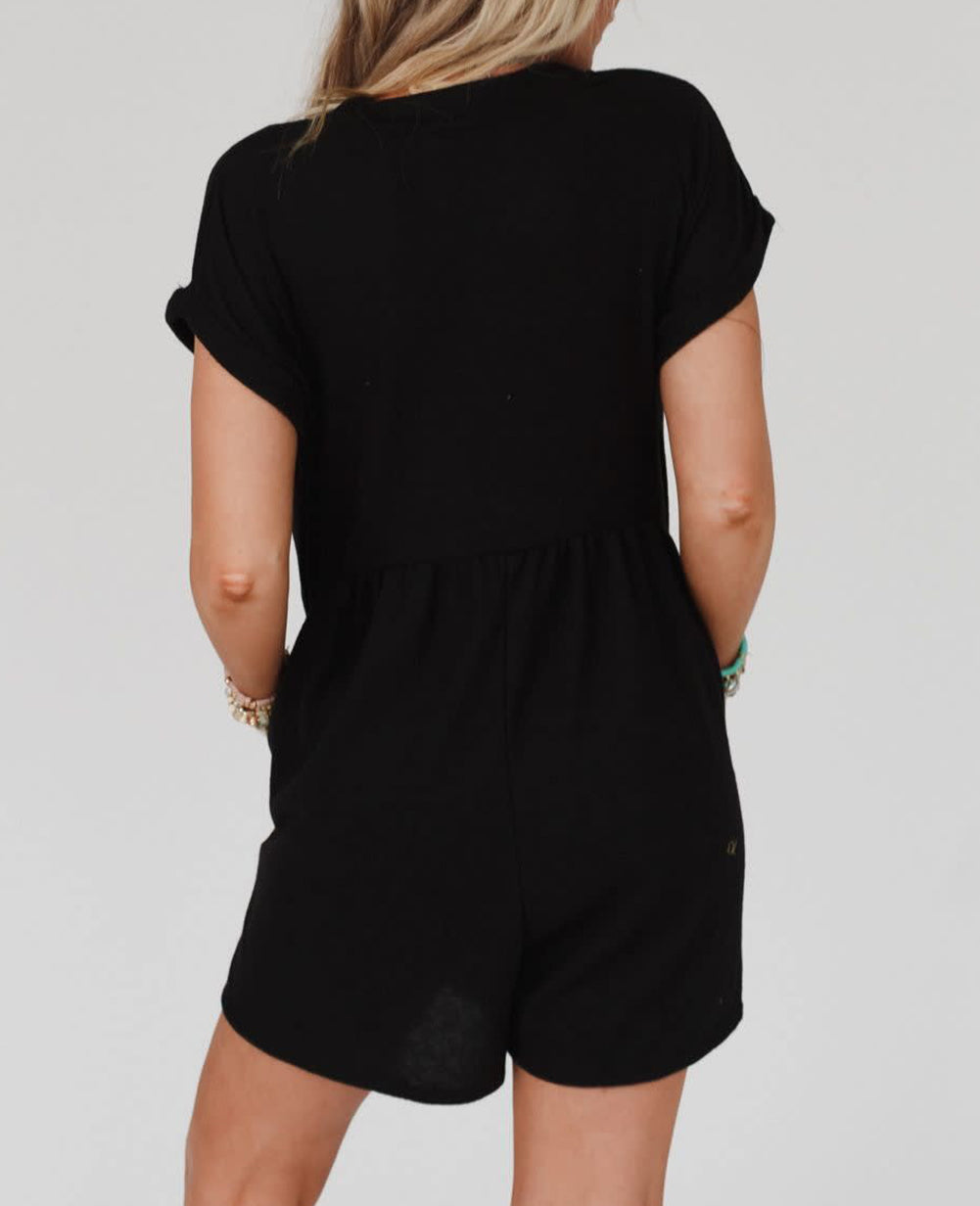 V Neck Buttons Loose Cuffed Short Sleeve Romper