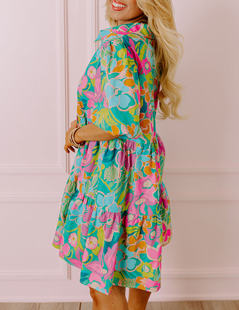Plus Floral Print Puff Sleeve Tiered Shirt Dress