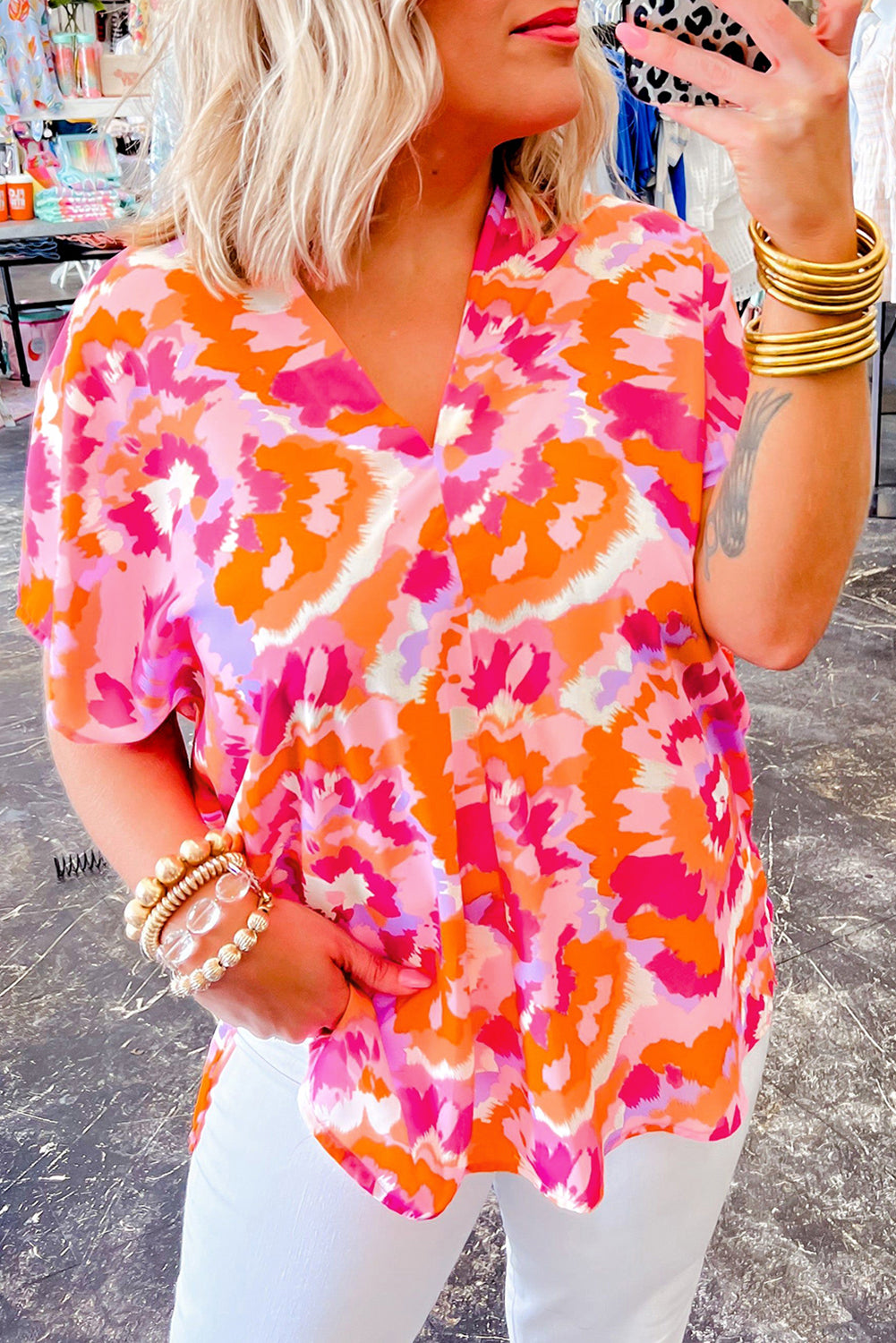 Abstract Print V Neck Summer Blouse