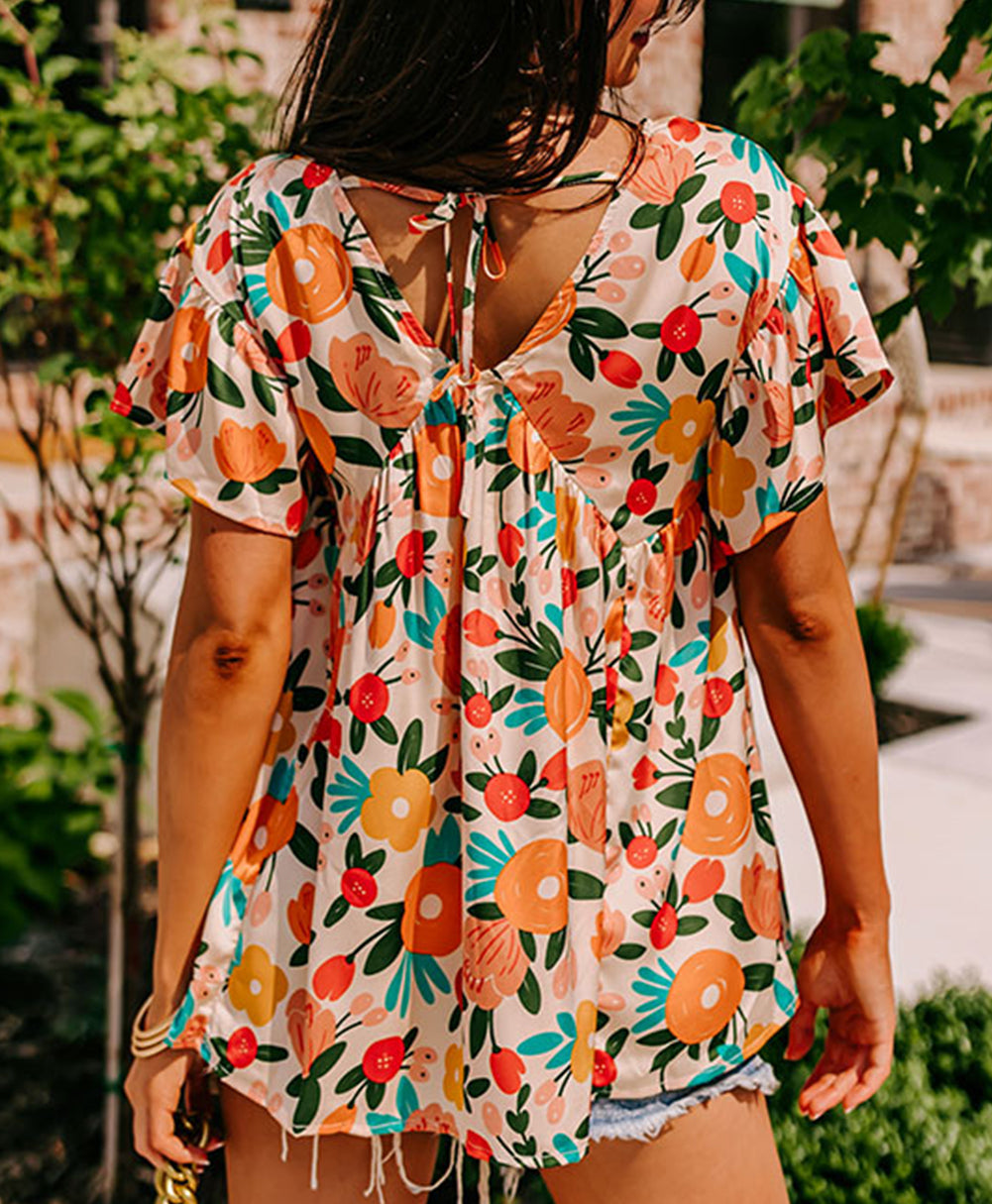 Floral Print Short Sleeve V Neck Tied Back Blouse