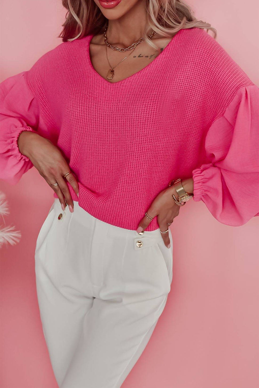 Long Balloon Sleeve Splicing Textured Top