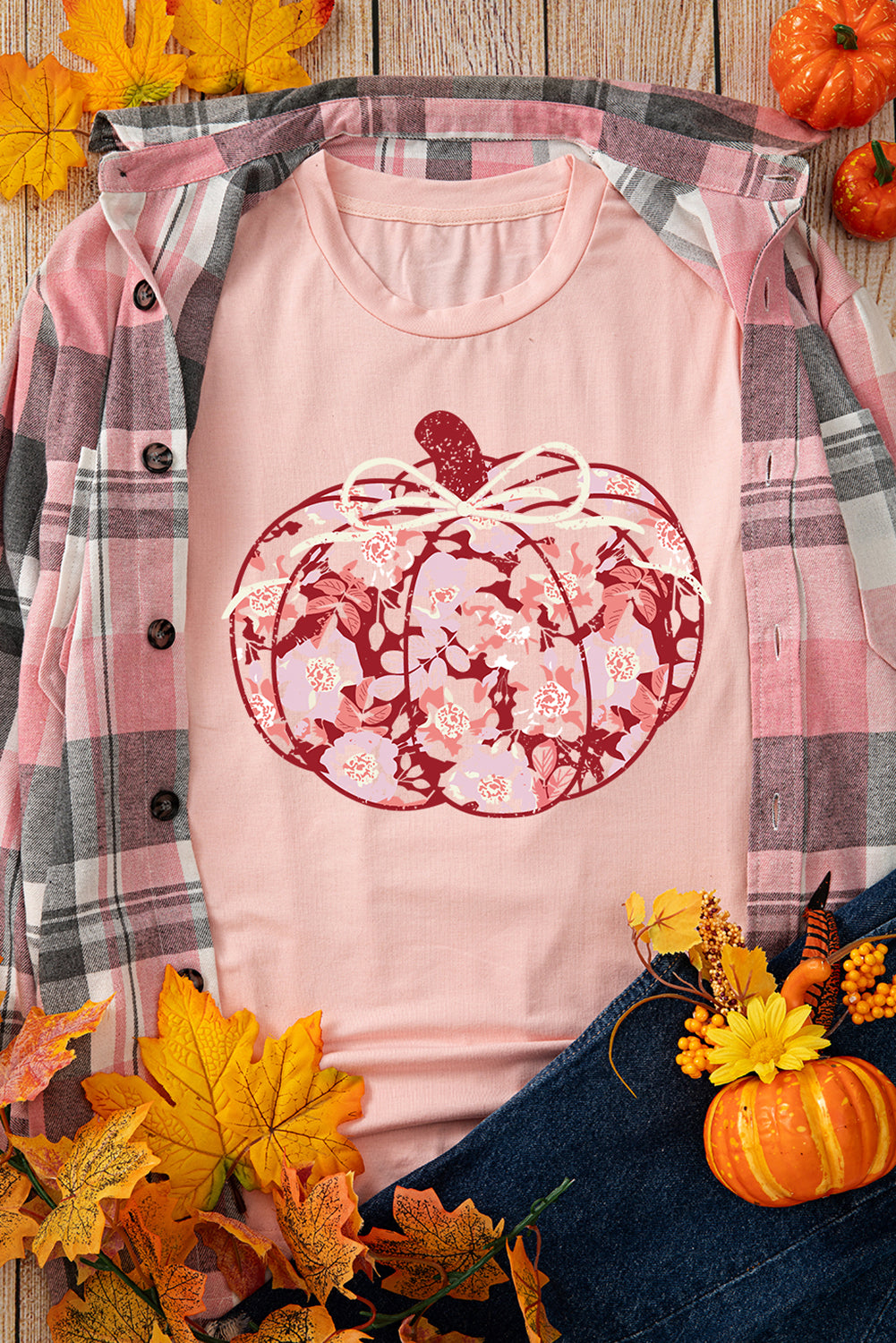 Floral Pumpkin Print Crew Neck Casual T Shirt