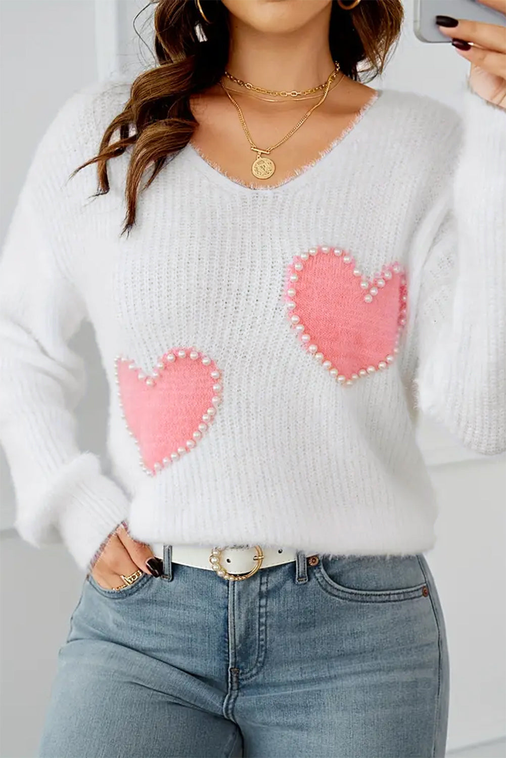 Pearl Beaded Heart Pattern Fuzzy V Neck Sweater