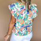Green Abstract Print Notched Neck Flutter Sleeve Blouse