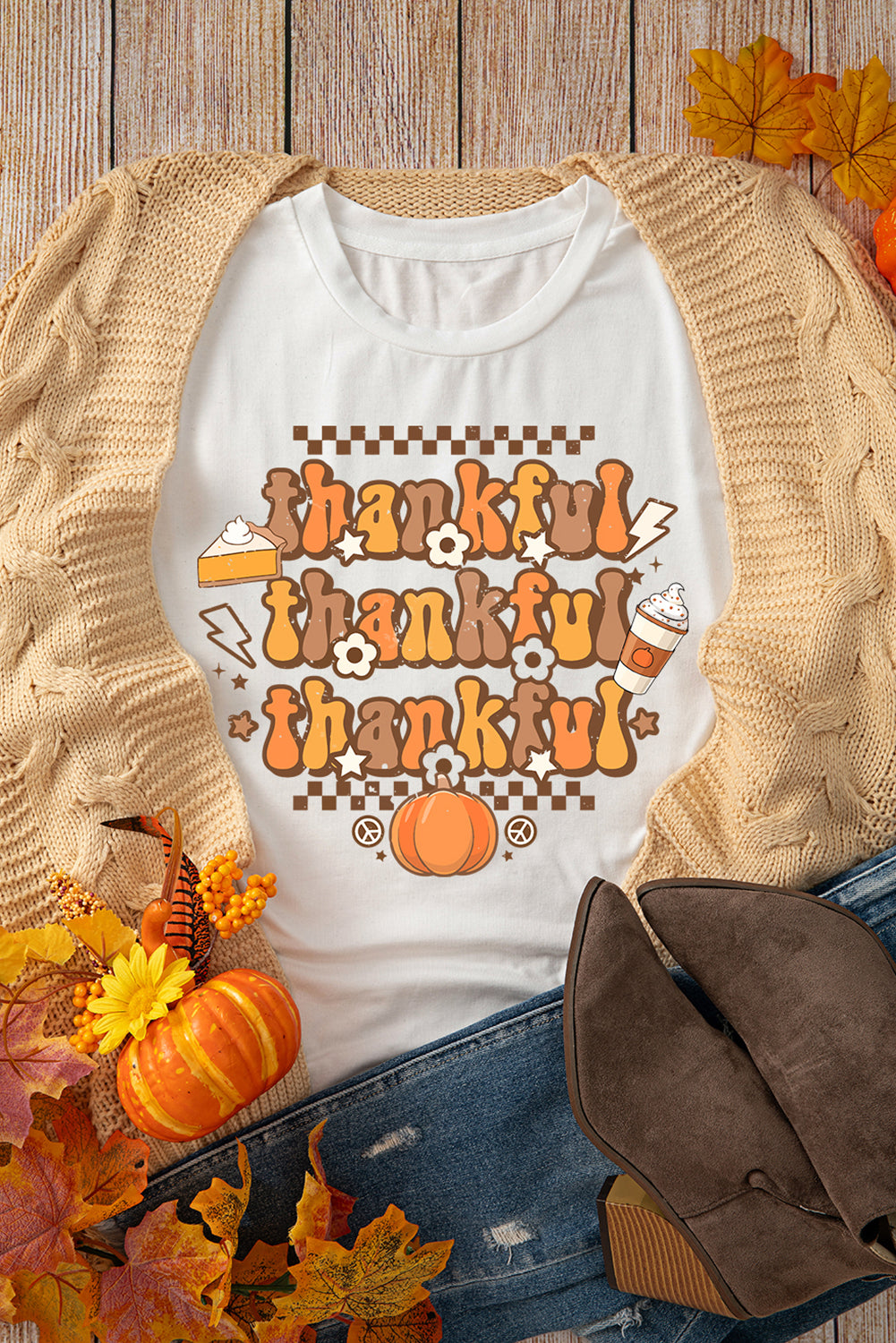 thankful Crew Neck Thanksgiving Graphic Tee