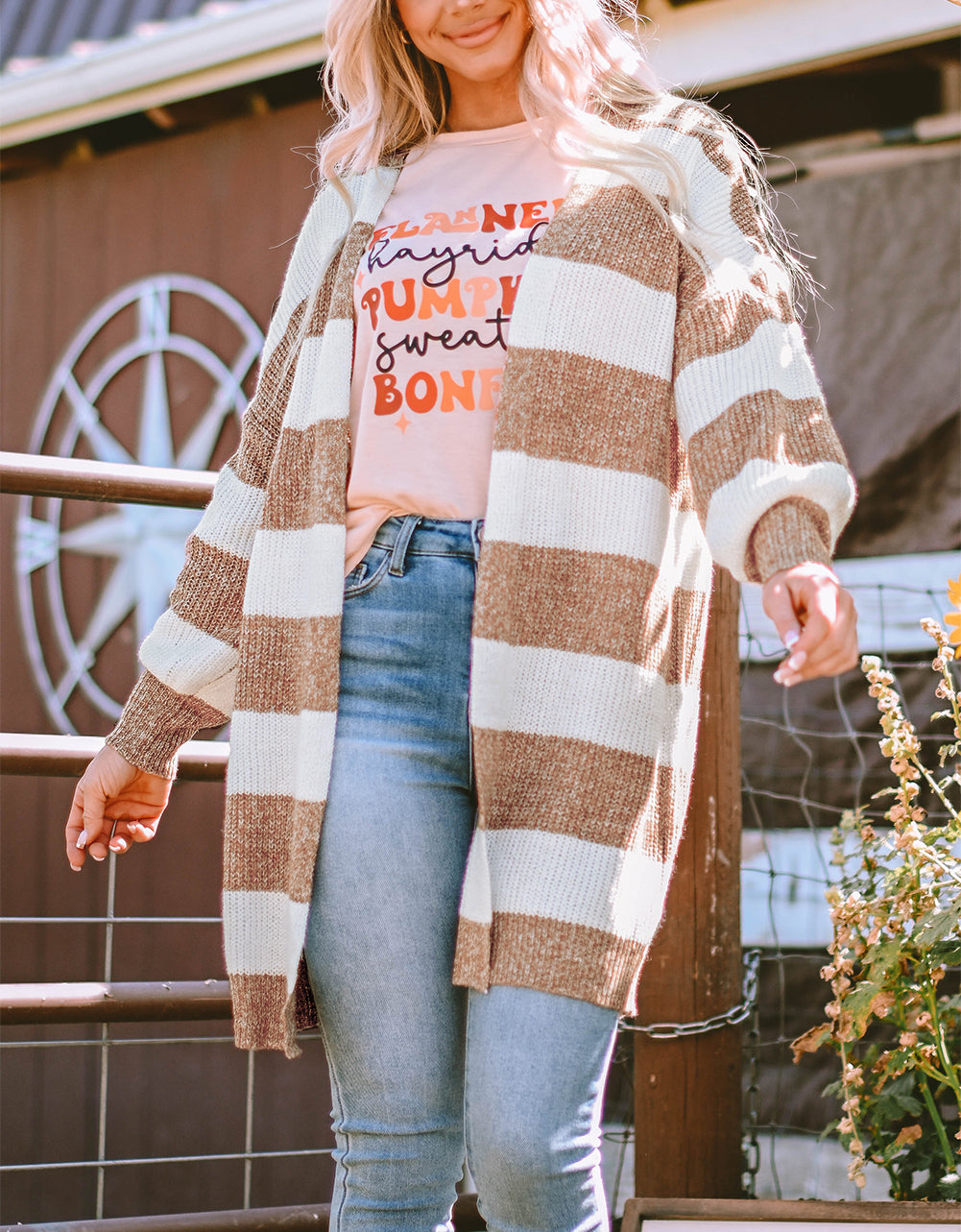 Striped Colorblock Rib Knit Bubble Sleeve Midi Cardigan