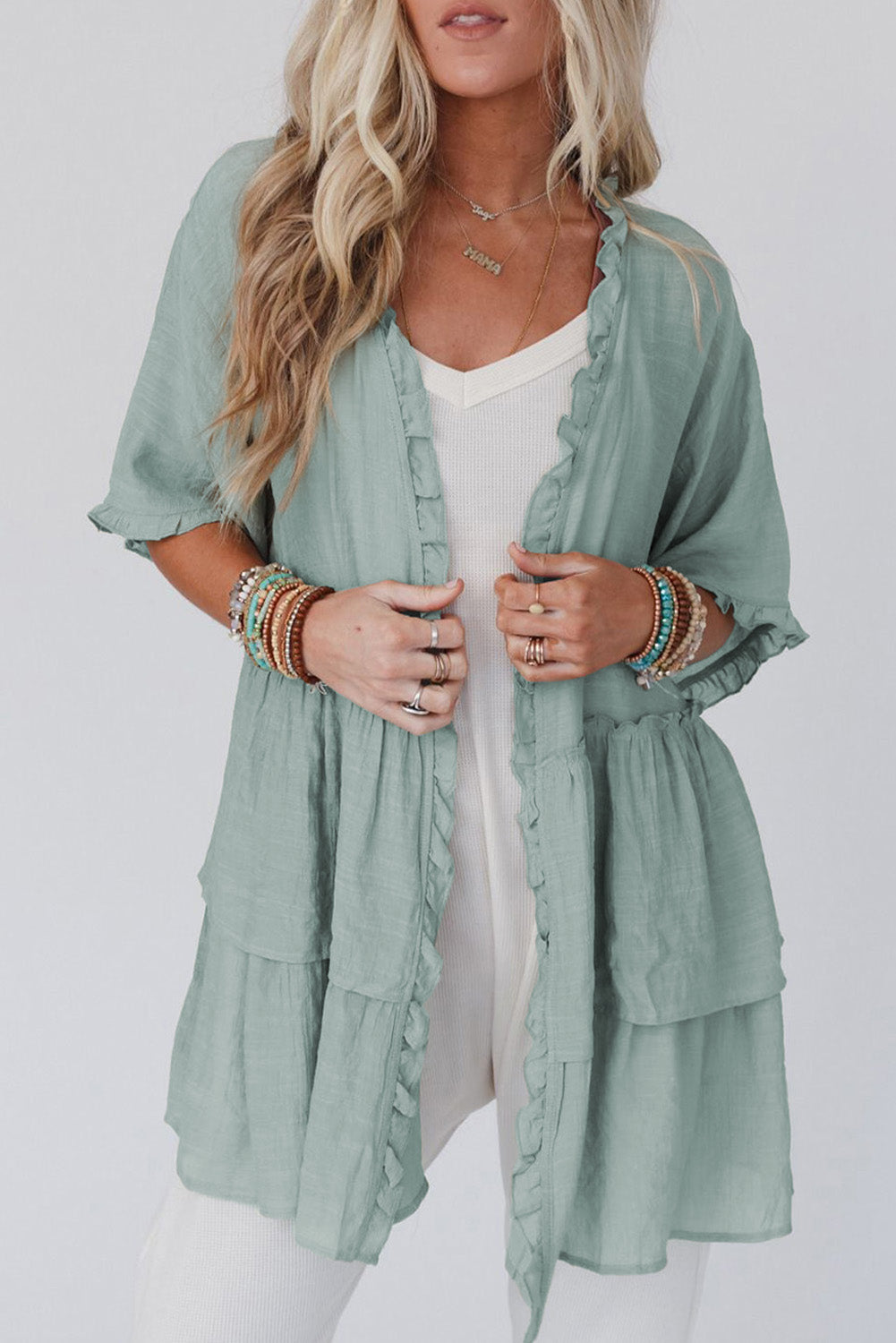 Ruffled Trim Half Sleeve Open Front Kimono