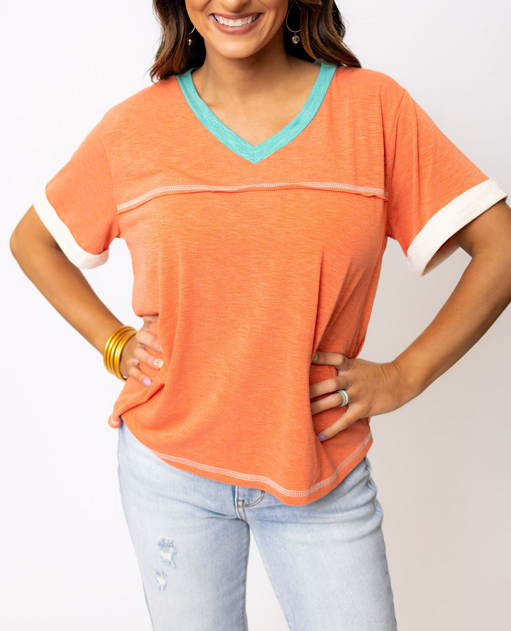 Contrast Trim Exposed Seam V Neck T-shirt