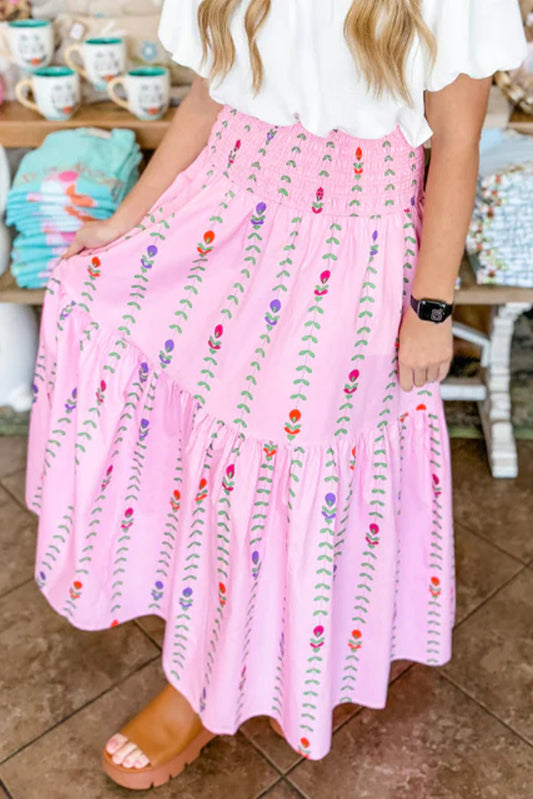 Printed Smocked Tiered Maxi Skirt