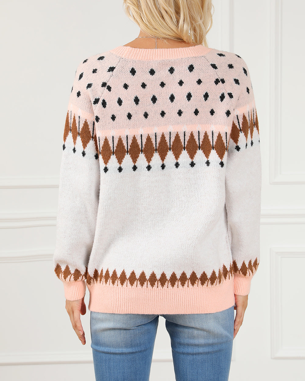Mixed Geometric Detail Raglan Sleeve Sweater