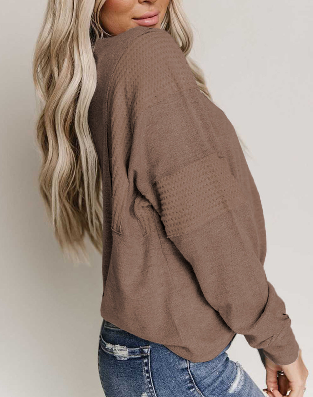 Waffle Patchwork Dolman Sleeve Henley Top