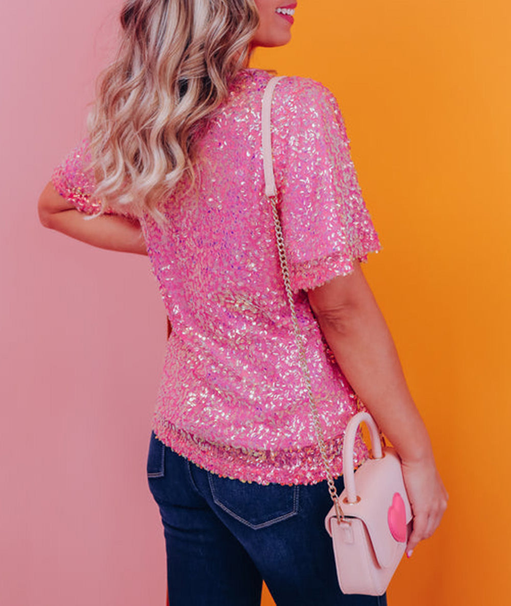 V Neck Wide Sleeve Sequin Top