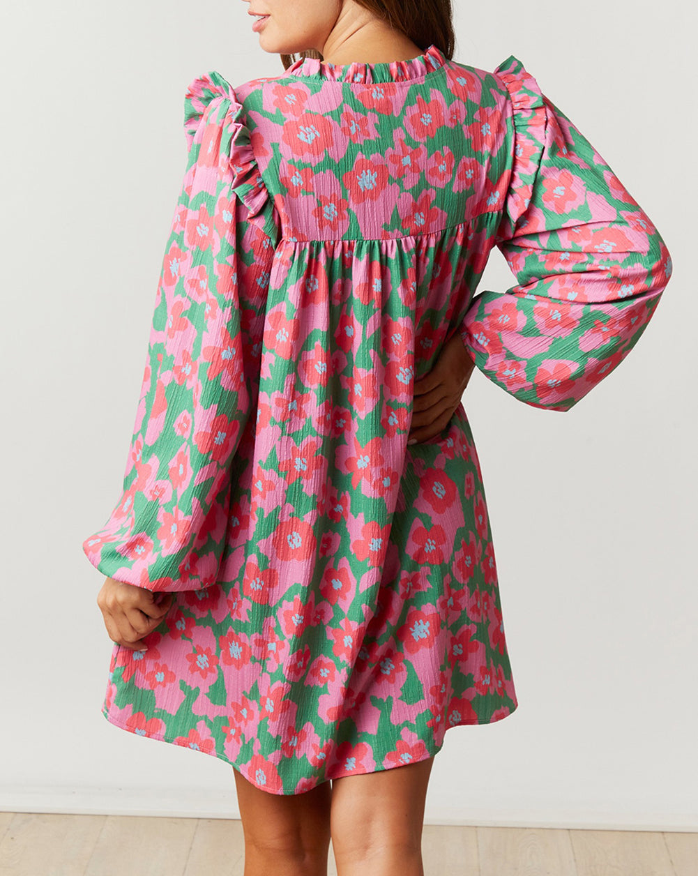 Split V Neck Bubble Sleeve Loose Floral Dress