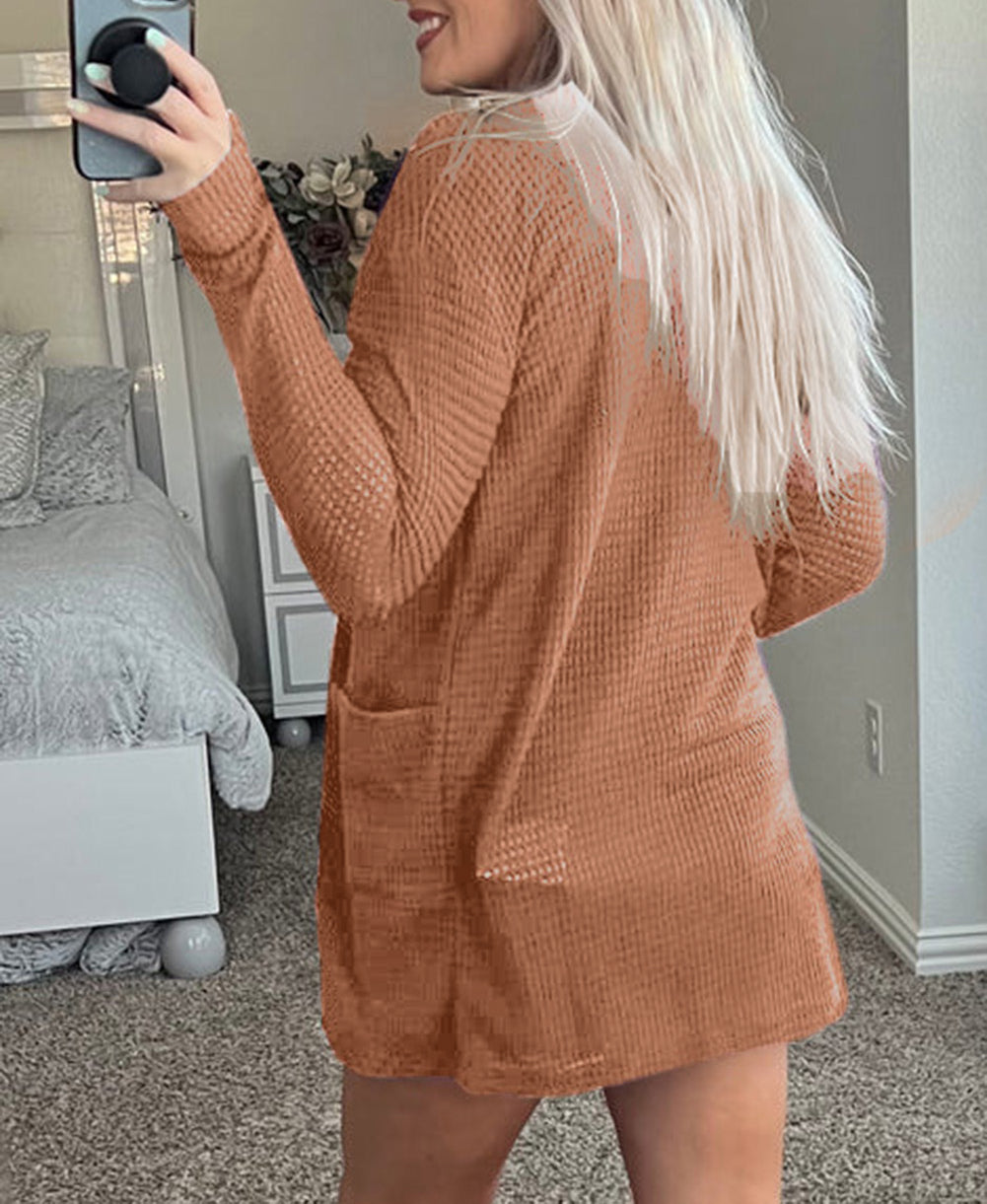 Waffled Knit Thumb Sleeve Pocketed Cardigan