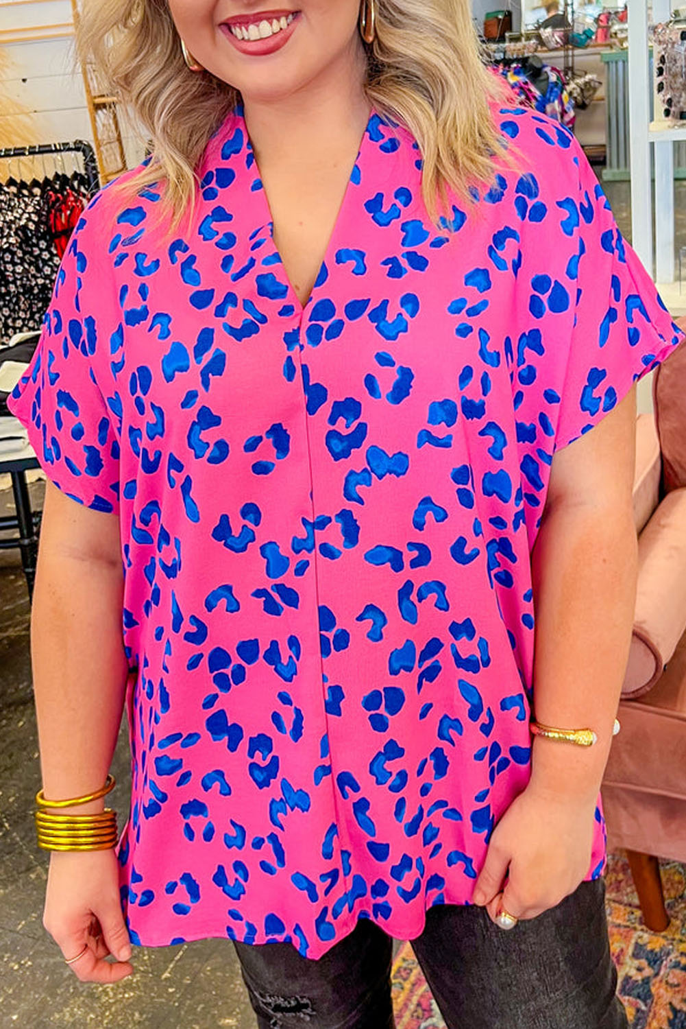 Contrast Leopard Print Plus Size V Neck Blouse