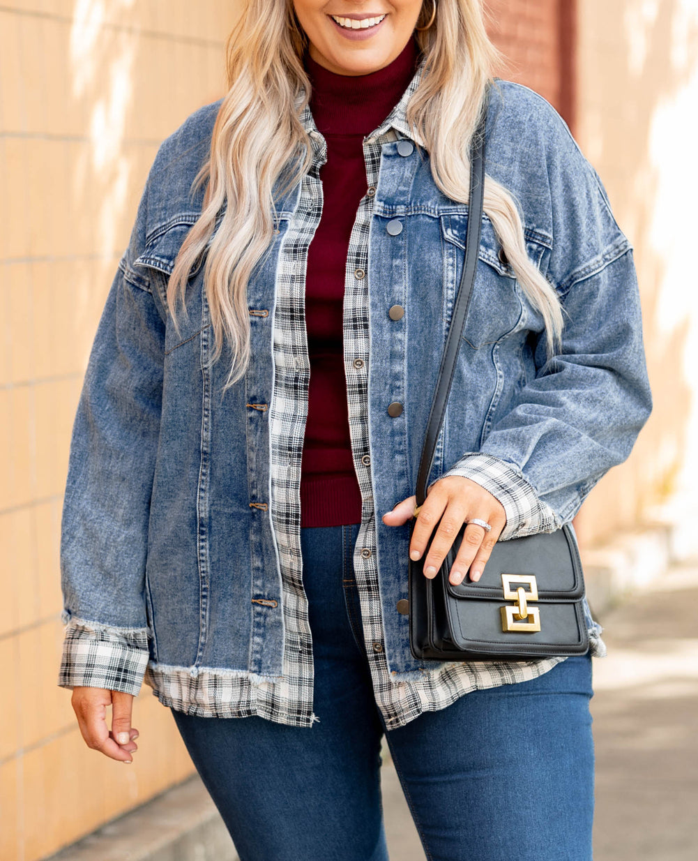 Plaid Hem Splicing Plus Size Denim Jacket