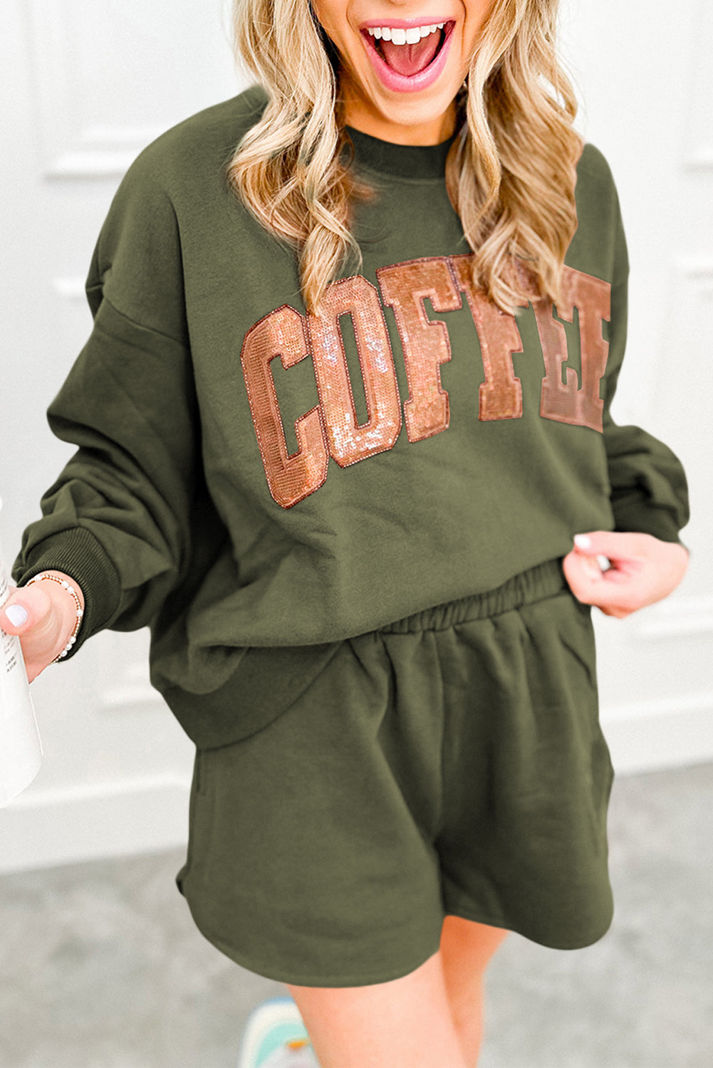 COFFEE Loose Fit Sweatshirt and Shorts Set