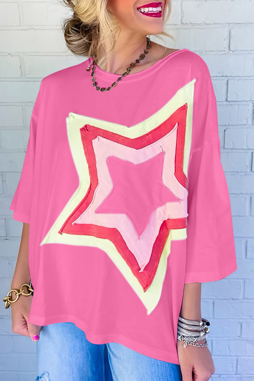 Colorblock Star Patched Half Sleeve Oversized Tee