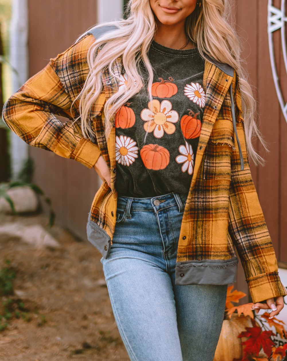 Plaid Patch Hooded Frayed Snap Button Jacket