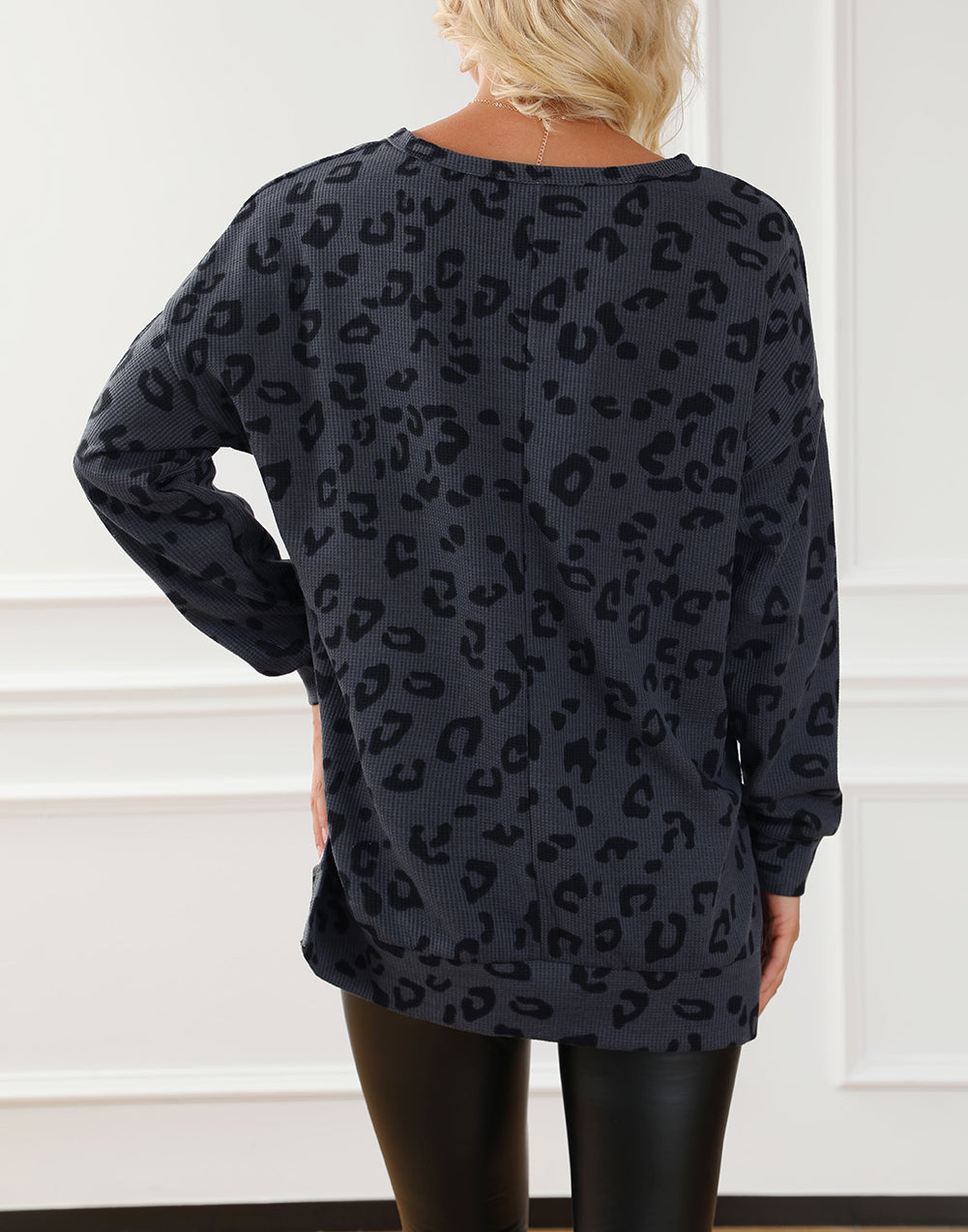 Leopard Print Button Split Neck Waffle Sweatshirt