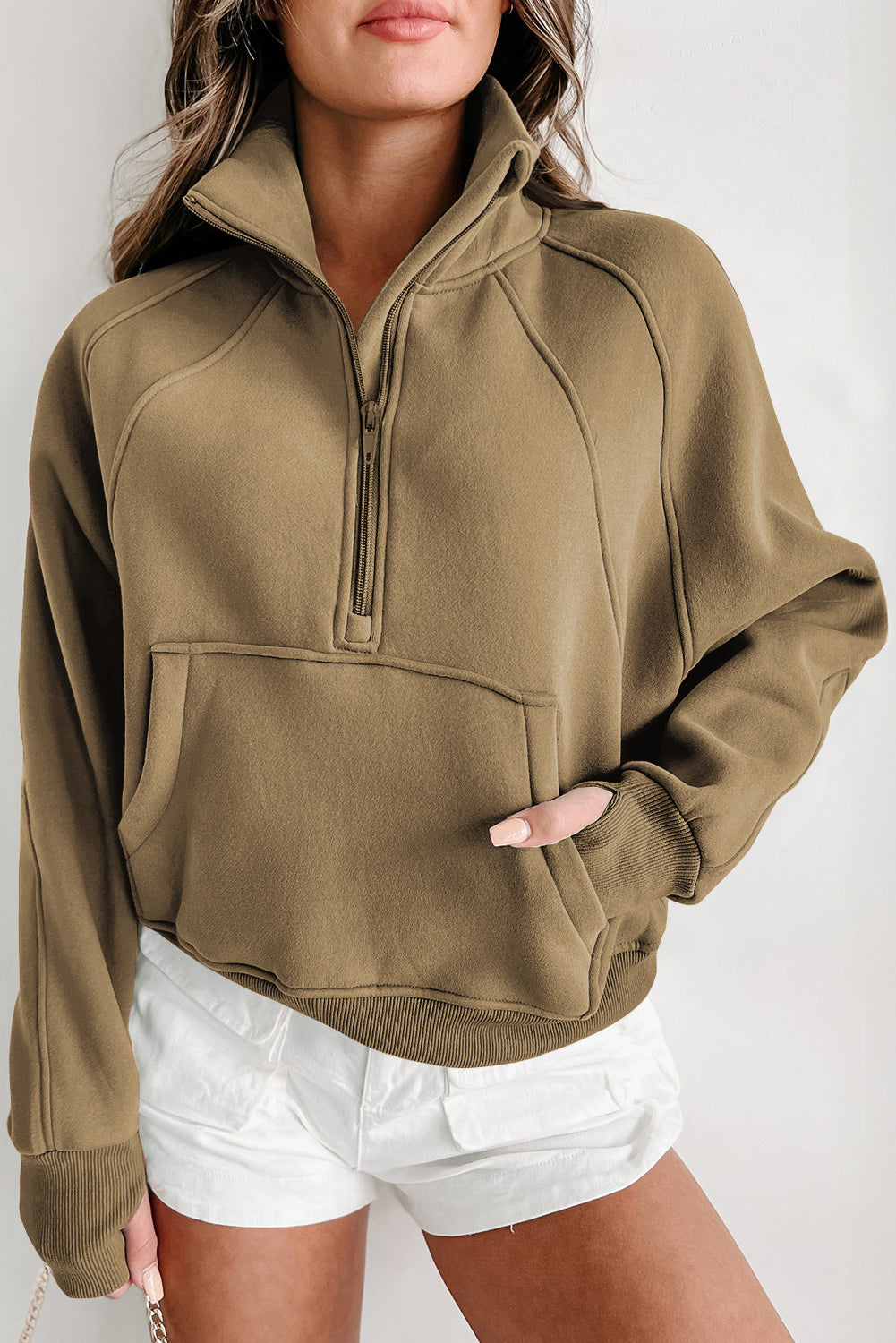 Zip Up Stand Collar Ribbed Thumbhole Sleeve Sweatshirt