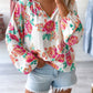 Notch V Neck Floral Pleated Puff Sleeve Blouse