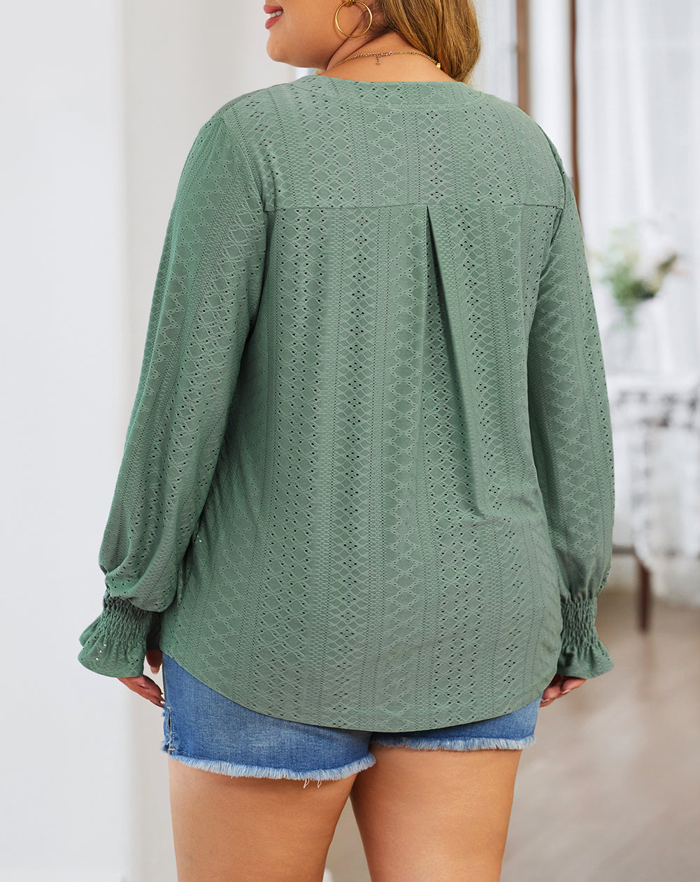 Split Neck Flounce Sleeve Plus Size Blouse