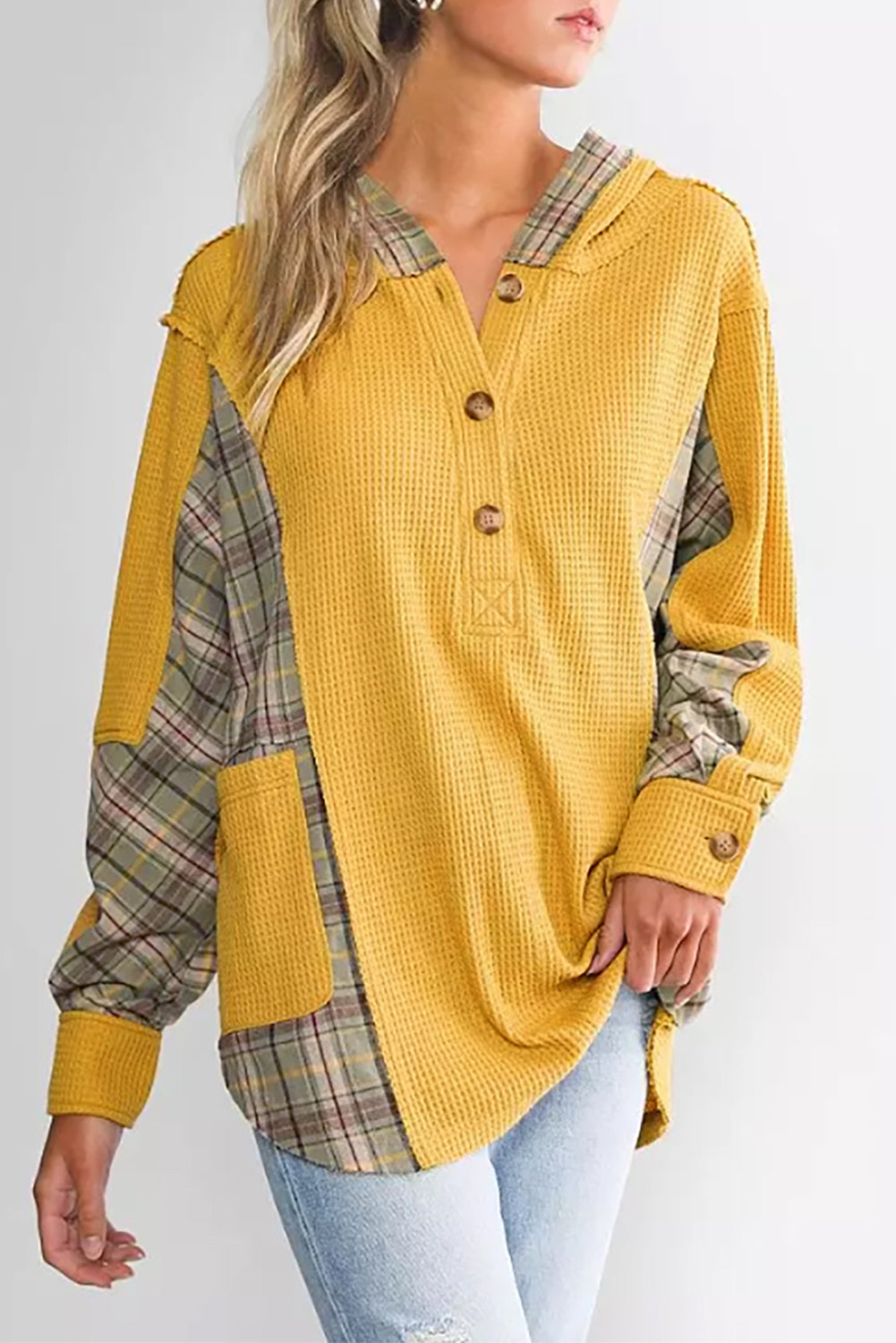 Waffle Knit Plaid Patchwork Pocketed Henley Hoodie