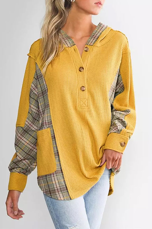 Waffle Knit Plaid Patchwork Pocketed Henley Hoodie