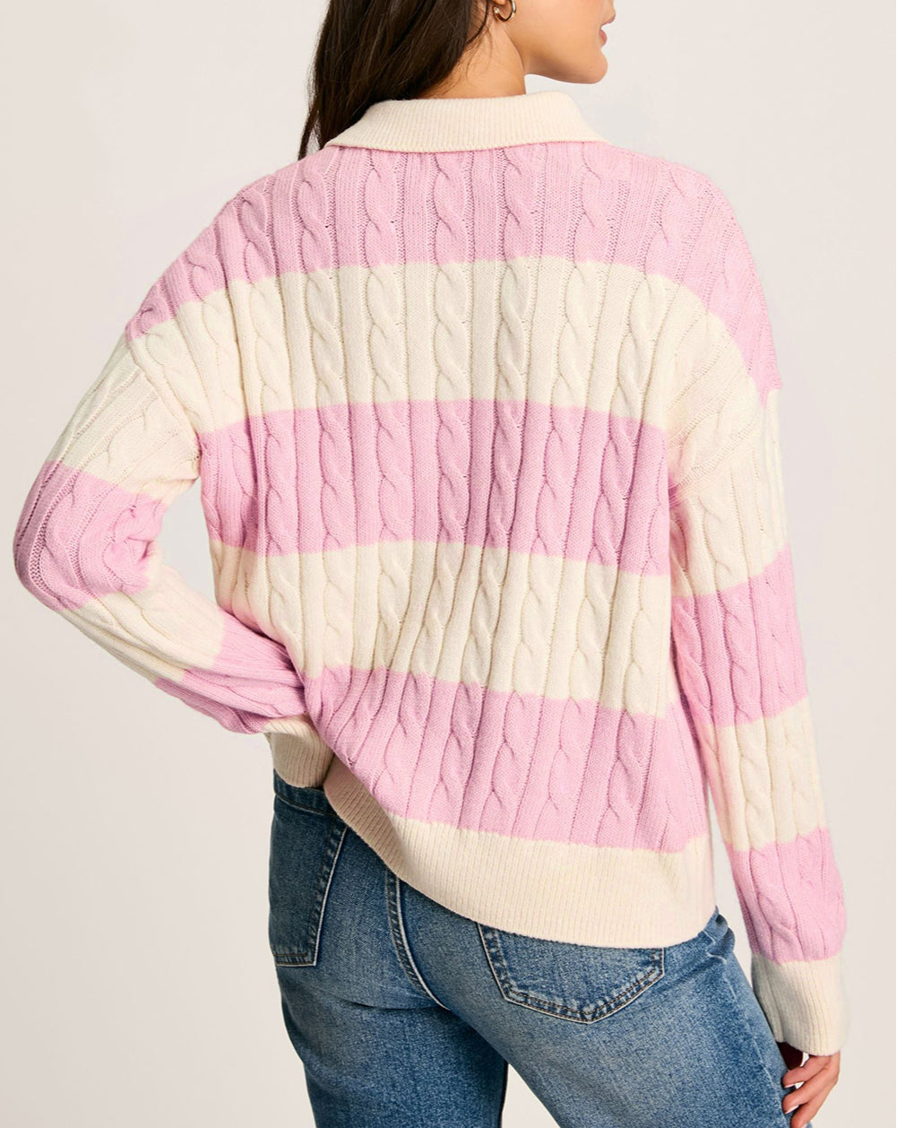 Stripe Cable Knit Collared Henley Sweater