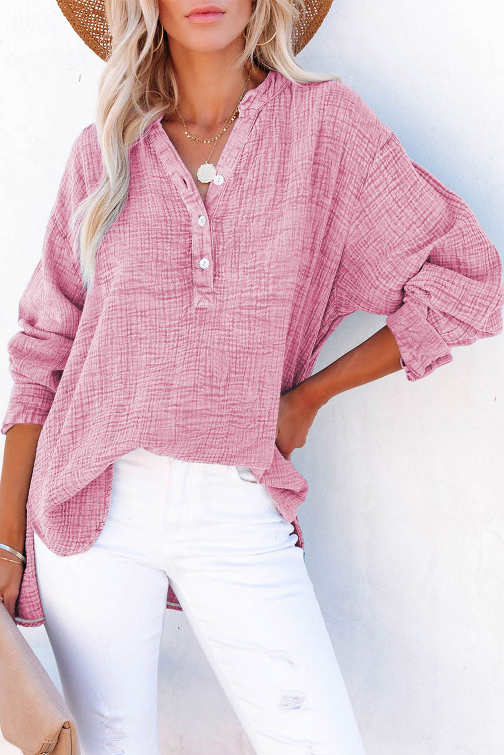 Crinkle Textured Loose Henley Top
