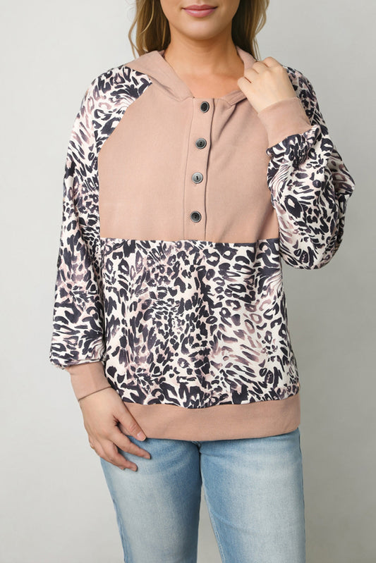 Print Buttoned Neckline Raglan Sleeve Hoodie