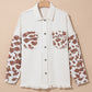 Cow Spot Patchwork Flap Pocket Distressed Hem Long Denim Jacket