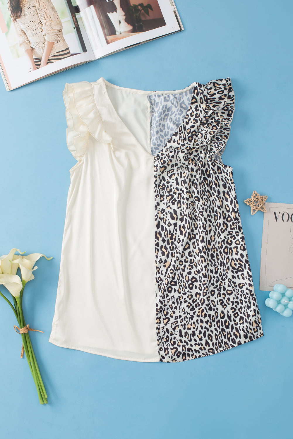 Half Leopard Patchwork Ruffle Sleeve Blouse