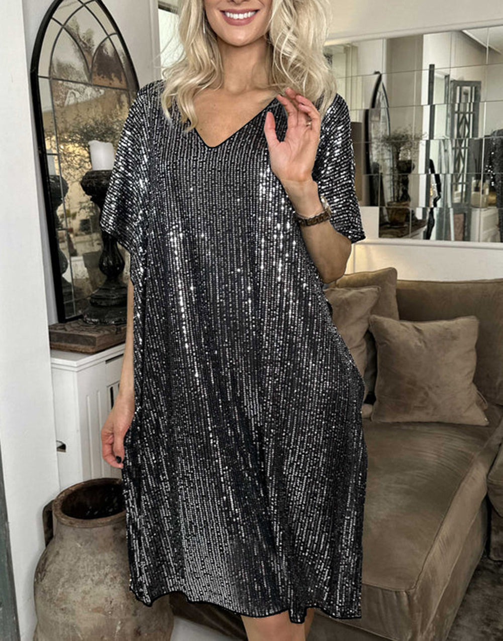 Sequin V Neck Dolman Sleeve Shift Dress