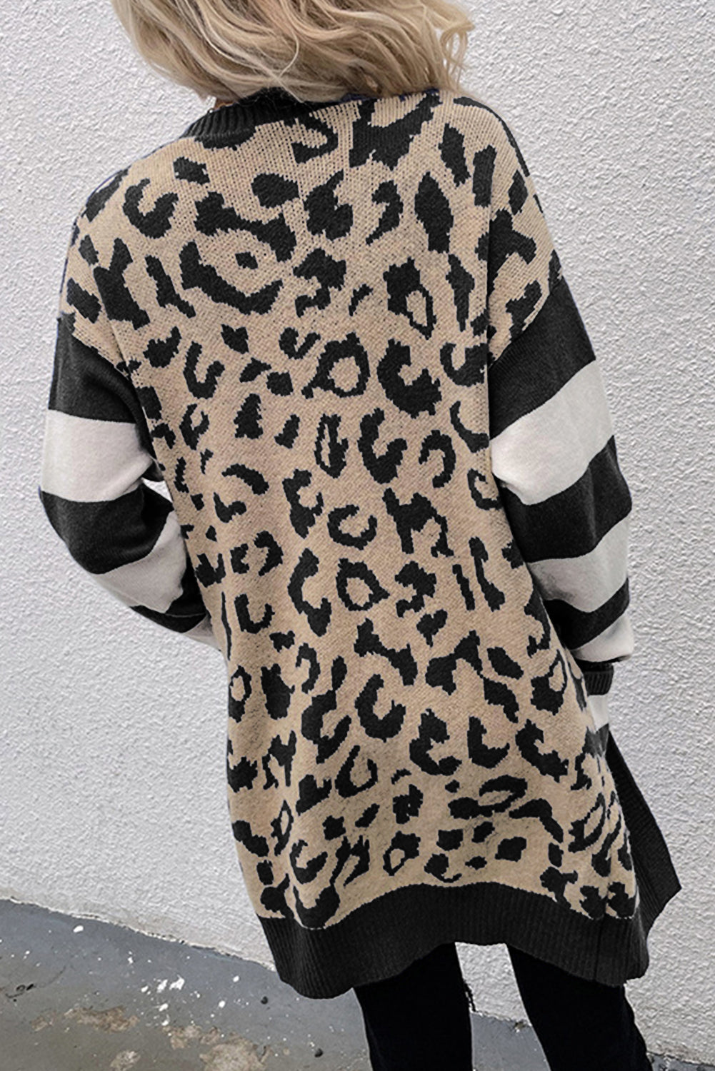 Stripe Sleeve Leopard Print Open Front Cardigan With Pockets