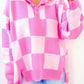 Checkerboard Half Button Collared Drop Shoulder Sweater