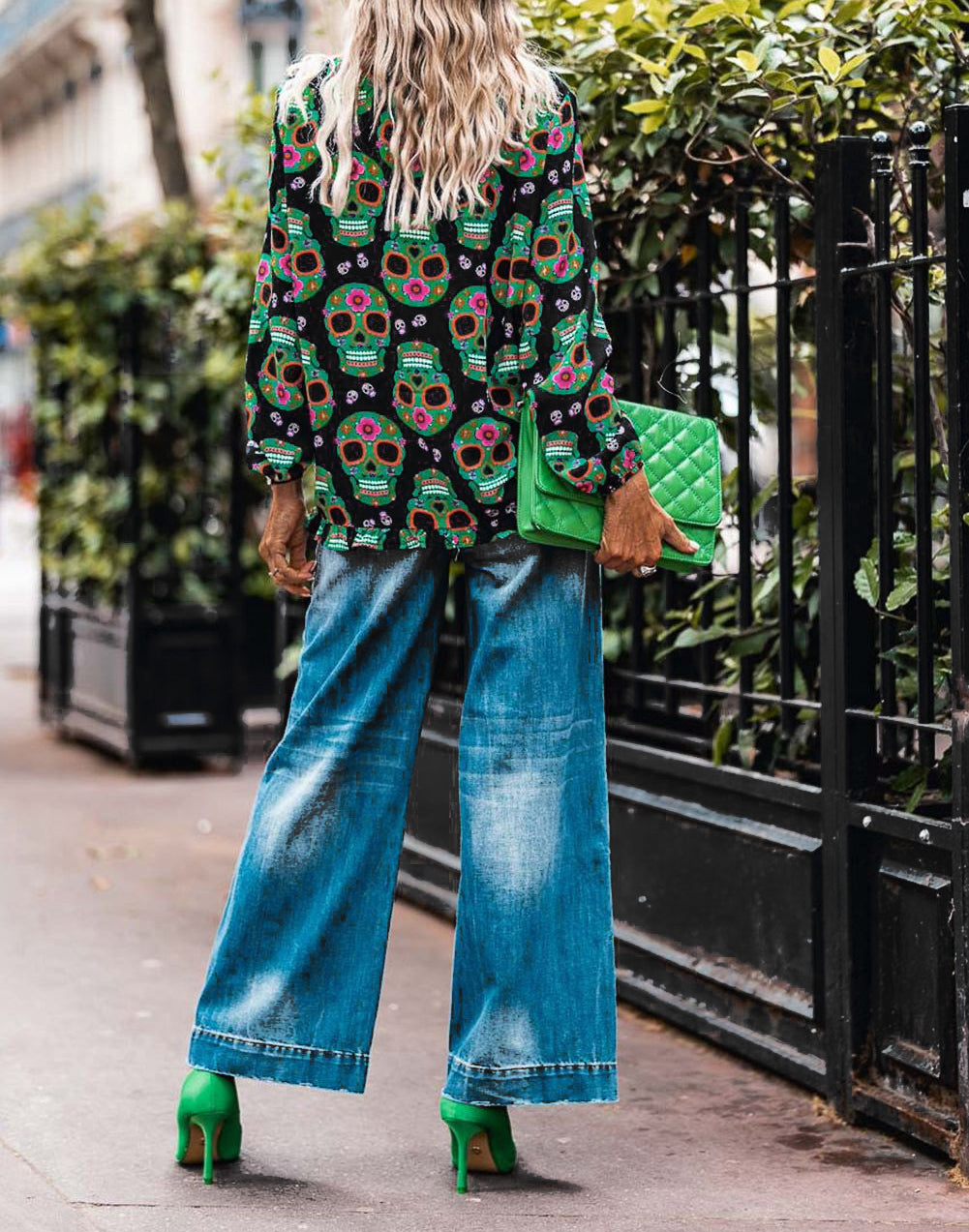 Sugar Skull Printed V Neck Babydoll Blouse