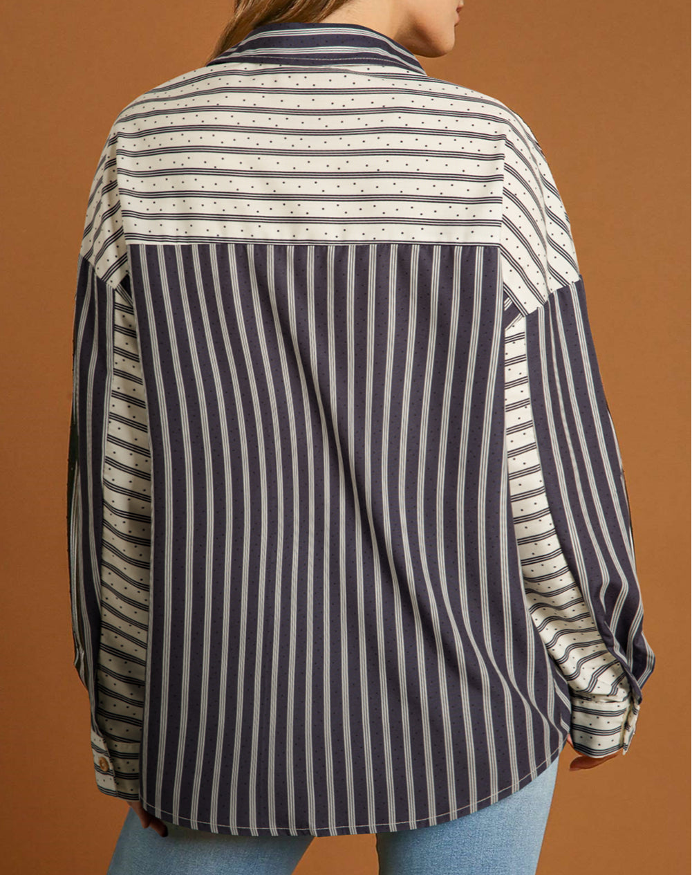 Stripe 2-tone Patchwork Half Buttons Chest Pockets Casual Blouse