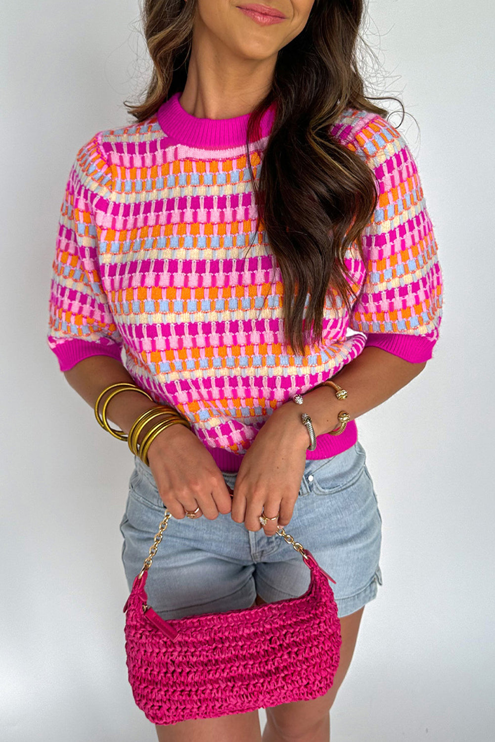 Striped Knitted Short Sleeve Sweater Top