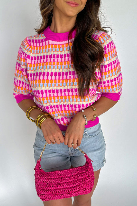 Striped Knitted Short Sleeve Sweater Top
